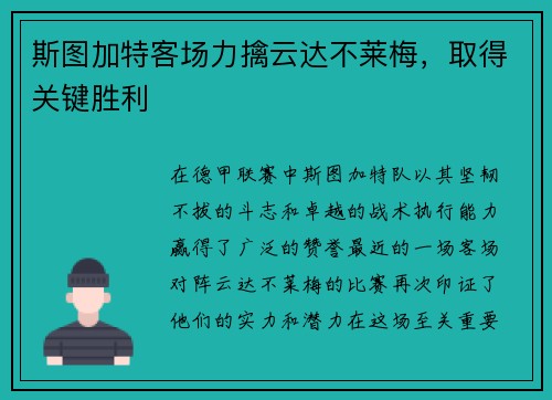 斯图加特客场力擒云达不莱梅，取得关键胜利