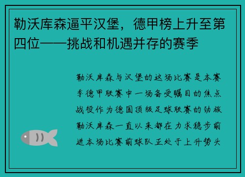 勒沃库森逼平汉堡，德甲榜上升至第四位——挑战和机遇并存的赛季